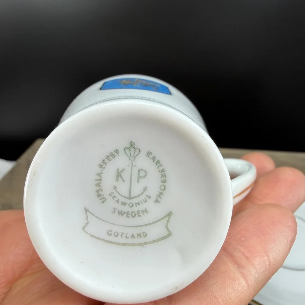 Upsala Ekeby Karlskrona Gotland Sweden‎ Demitasse Cup Saucer Skawonius Gold Trim
